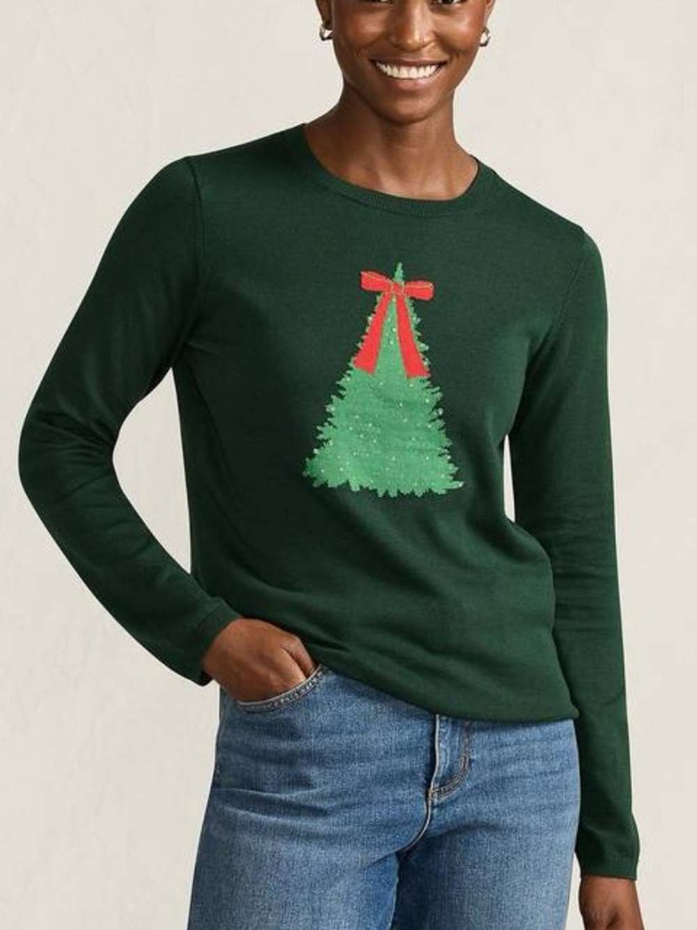 Lands' End Dark Green Crewneck Beaded Tree Sweater Red Bow Cotton Top Size Large
